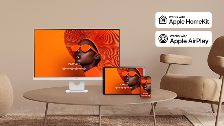 The same screen is being shared across a LG Smart Monitor, laptop, tablet, and smartphone using AirPlay 2 and Screen Share.