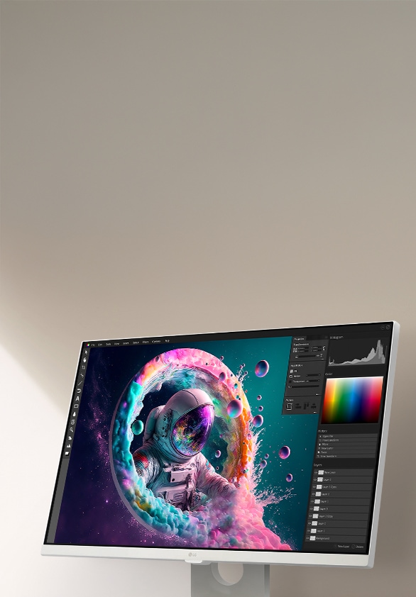 It showcases an astronaut and a colourful abstract image with vibrant 4K UHD colors.	