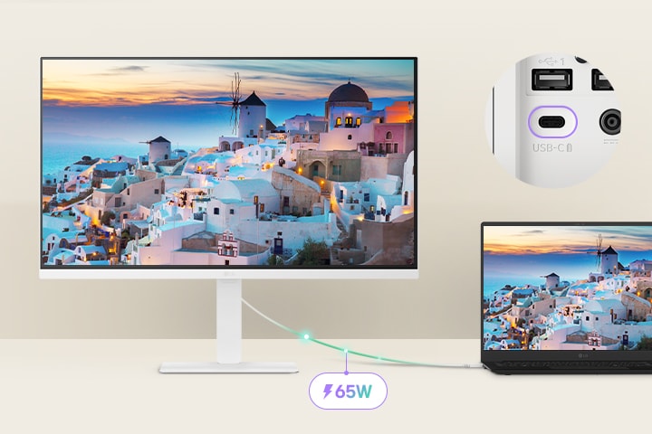 A laptop is connected to a LG Smart Monitor via USB-C. It is charging through USB-C while displaying the same screen.	