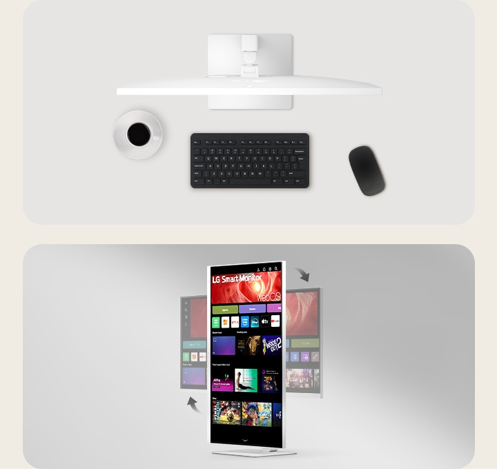 LG Smart Monitor on a desk with keyboard, mouse, and coffee cup, alongside a rotated view showing screen transition between landscape and portrait mode	