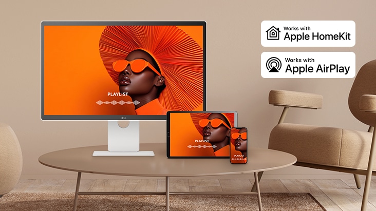 The same screen is being shared across a LG Smart Monitor, tablet, and smartphone using AirPlay 2 and Screen Share.