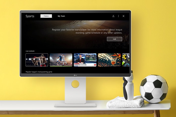 The LG Smart Monitor screen is showing live sports channels.
