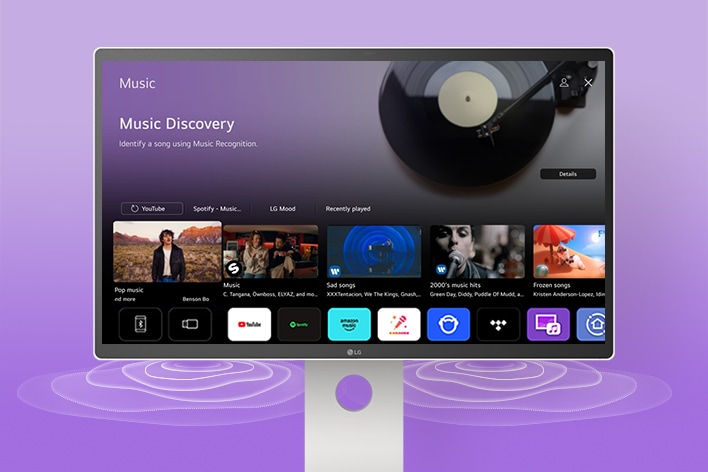 The LG Smart Monitor screen displays the music apps interface.