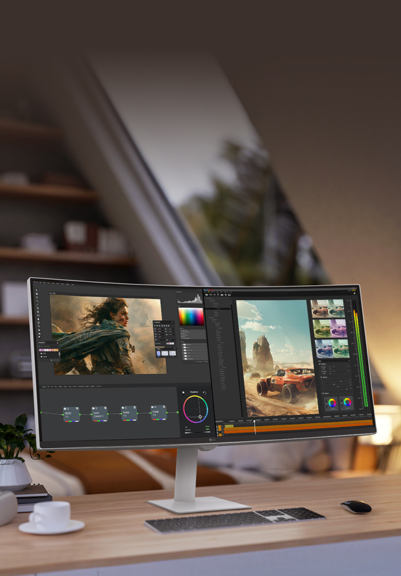 It showcases an astronaut and a colorful abstract image with vibrant 4K UHD colors.	