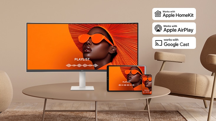 The same screen is being shared across a LG Smart Monitor, laptop, tablet, and smartphone using AirPlay 2, Google cast and Screen Share.	