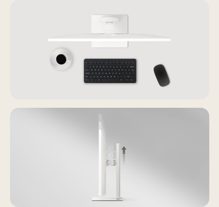 LG Smart Monitor on a desk with keyboard, mouse, and coffee cup viewed from above, shown next to a side view highlighting height adjustment