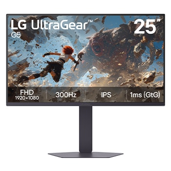 Front view of the LG UltraGear G5 25-inch gaming monitor, featuring an IPS display with FHD (1920×1080) resolution, a 300Hz refresh rate, and a 1ms (GtG) response time, designed for fast performance and smooth gameplay, displaying game imagery.