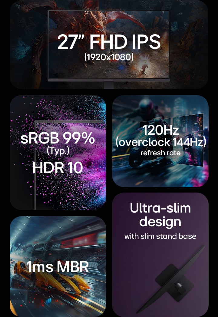 27-inch FHD IPS 1920x1080, sRGB 99%, HDR 10, 120Hz refresh rate, 1ms MRB, ultra slim design
