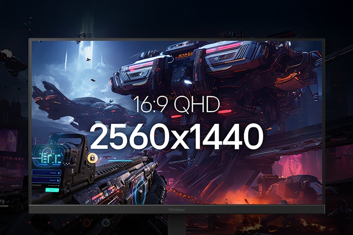 Close-up of the UltraGear™ 27G640A monitor displaying a sci-fi game scene, highlighting its 16:9 QHD resolution of 2560x1440.	