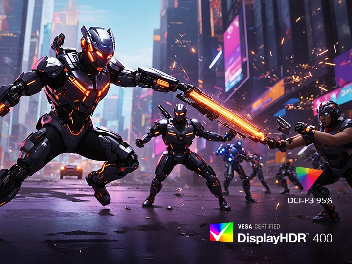 Futuristic battle scene on the UltraGear™ 27G640A monitor, showcasing vivid colours with 95% DCI-P3 color gamut and VESA DisplayHDR™ 400 certification.	