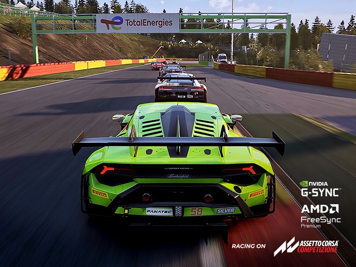 Racing scene from Assetto Corsa Competizione displayed on the UltraGear™ 27G640A monitor, featuring support for NVIDIA G-SYNC and AMD FreeSync Premium.	