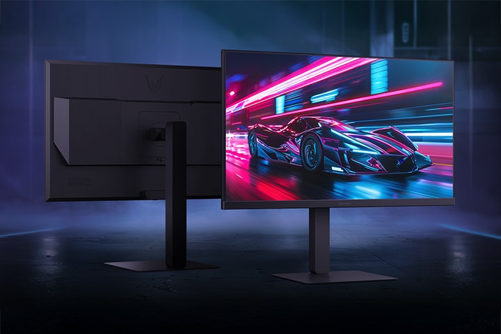 Front and rear view of the UltraGear™ 27G640A gaming monitor, displaying a futuristic racing scene on screen.	