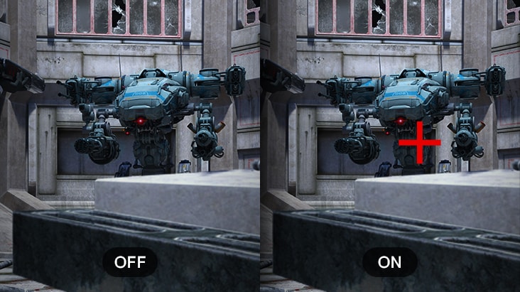 Comparison of gameplay with Crosshair feature off and on, showing a red target point at the center for improved shooting accuracy on the UltraGear™ 27G640A monitor.	