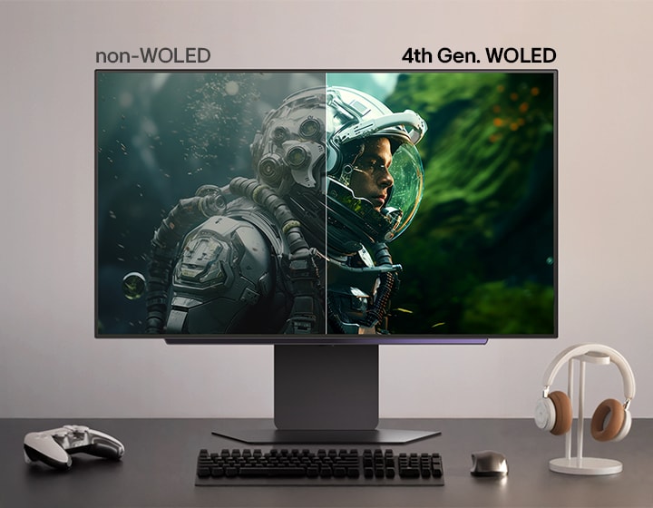 Side-by-side comparison of non-WOLED and 4th Gen. WOLED display quality, showing enhanced brightness, colour, and clarity on the right side using 4th Gen. WOLED technology. The monitor sits on a desk with a game controller, keyboard, and headset.