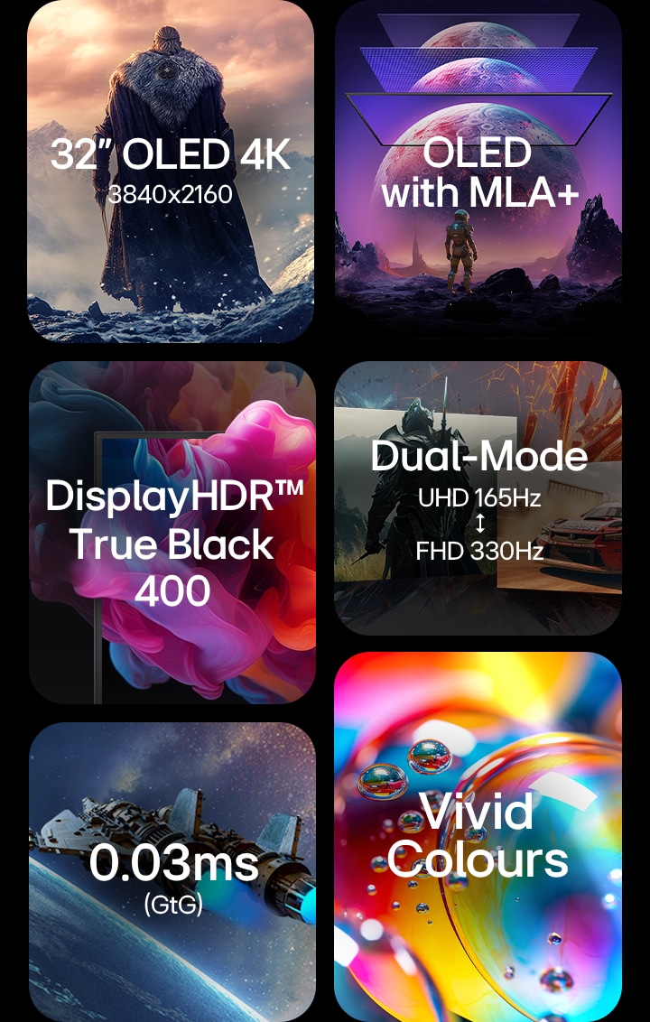 Feature overview of a gaming monitor highlighting: 32" OLED 4K, OLED with MLA+, VESA DisplayHDR True Black 400, Dual-Mode, 003ms GtG, Anti-Glare Panel.