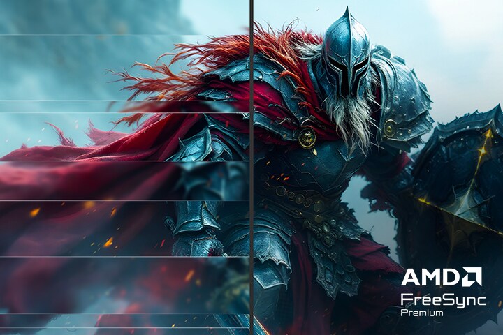 A knight character wearing a red cape and holding a large shield and sword, the screen is split in two: left screen is blurred and the right screen is expressed clearly, and there is an AMD FreeSync Premium logo at the bottom right.