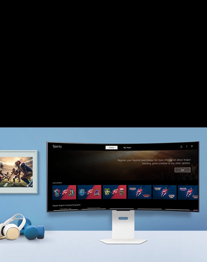 The smart monitor screen placed on the table displays the SPORTS APP screen.