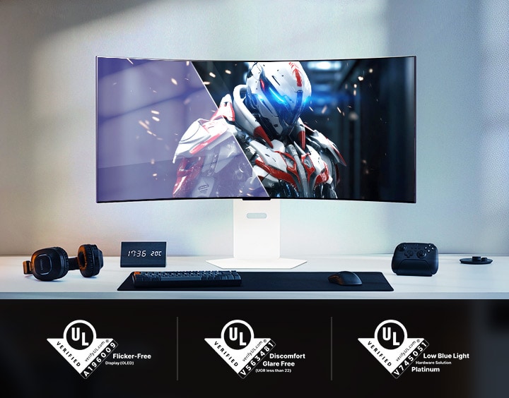 Curved gaming monitor showing a robot character in a futuristic setting, with UL certifications below.