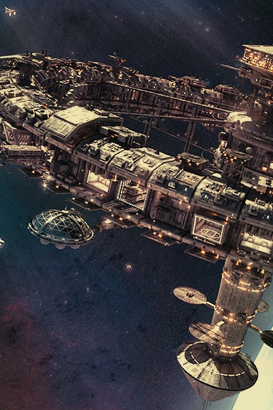 It is an image of a spaceship. Half of the image has torn and stutters than another part.