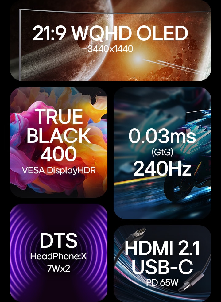 An LG UltraGear monitor feature overview showcasing its 21:9 WQHD OLED display with 3440x1440 resolution, VESA DisplayHDR TRUE BLACK 400 certification, ultra-fast 0.03ms (GtG) response time and 240Hz refresh rate, DTS HeadPhone:X stereo speakers with 7W output per channel, and versatile connectivity with HDMI 2.1 and USB-C supporting 65W power delivery.