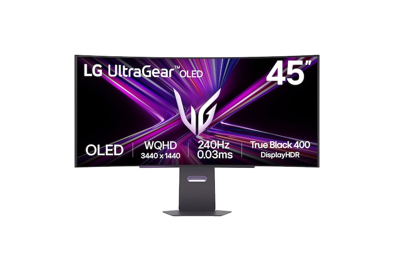 Front view of LG UltraGear™ 45-inch OLED 240Hz WQHD Curved Gaming Monitor | 0.03ms (GtG), DisplayHDR True Black 400, USB-C (PD 65W) & HDMI 2.1 45GX900A-B