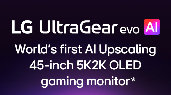 UltraGear™ evo AI logo in a futuristic, neon-lit room.