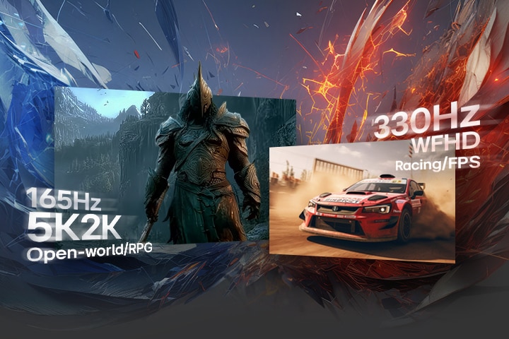 UltraGear gaming monitor (45GX950B) with Dual-Mode, supporting 165Hz at 5K2K and 330Hz at WFHD for games from RPG to FPS