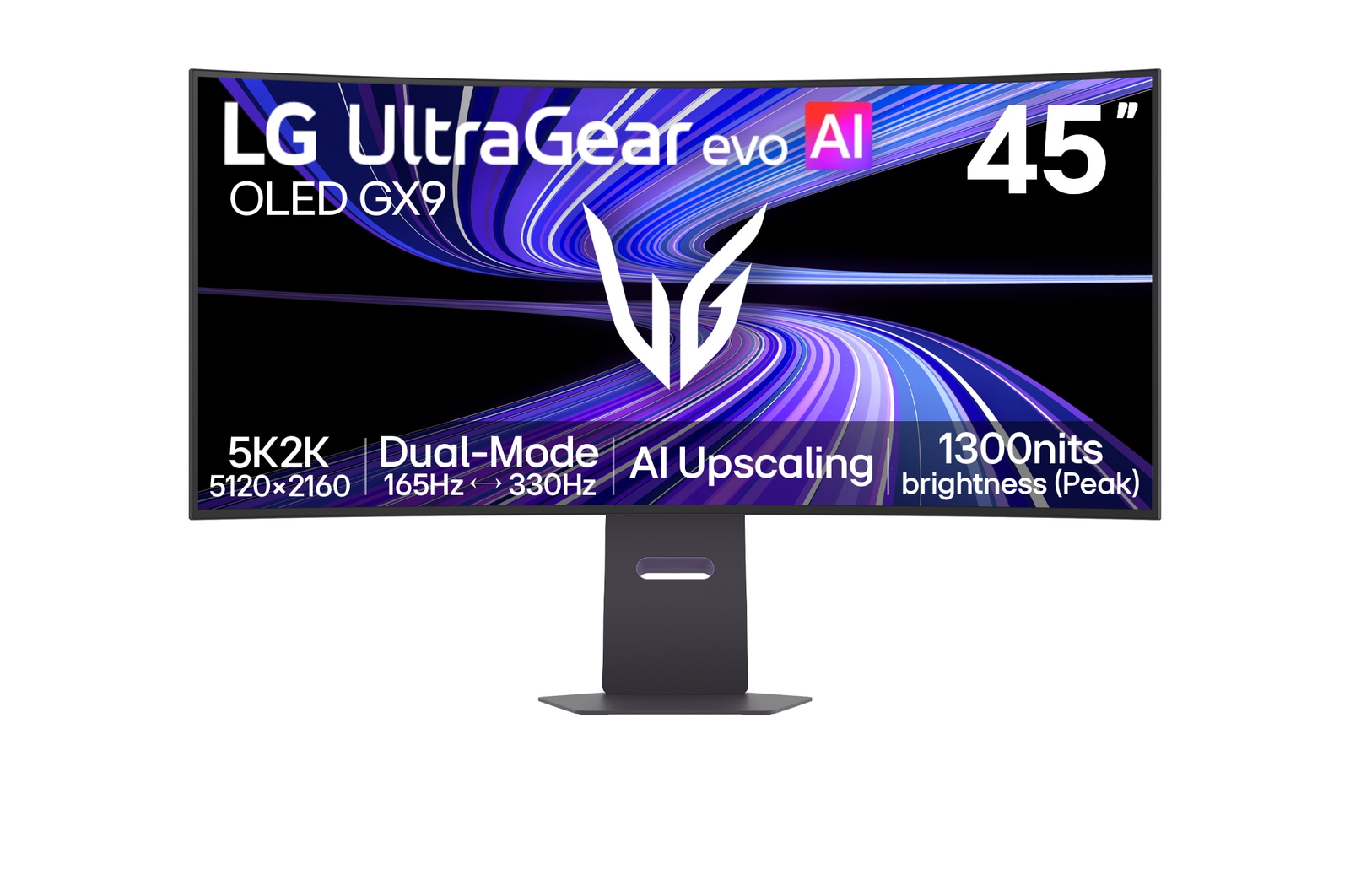 Front view of 45-inch UltraGear evo GX9, World’s First AI Upscaling 45" 5K2K OLED Gaming Monitor 45GX950B-B