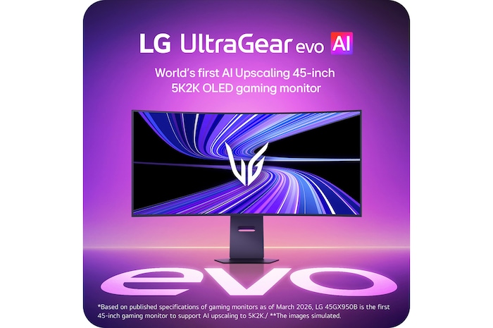 LG UltraGear 45GX950B 45-inch 5K2K OLED gaming monitor with AI upscaling.