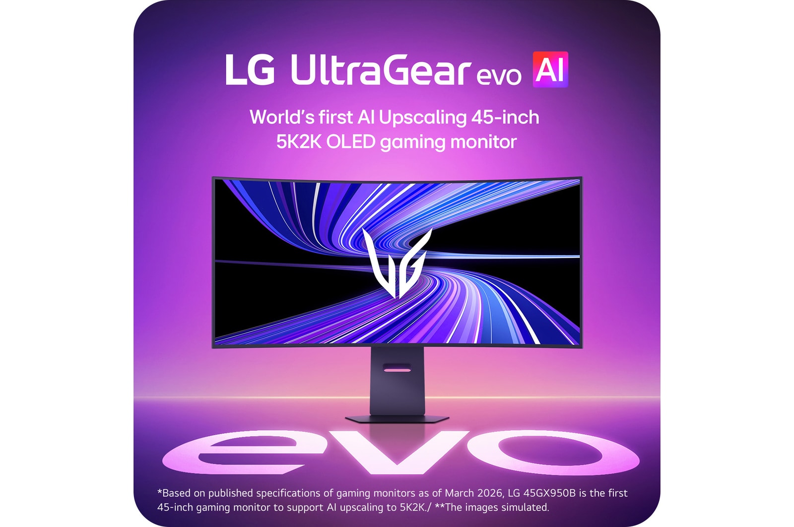 LG UltraGear 45GX950B 45-inch 5K2K OLED gaming monitor with AI upscaling.