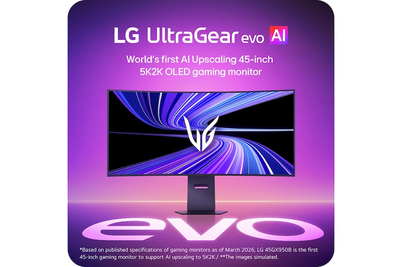 LG UltraGear 45GX950B 45-inch 5K2K OLED gaming monitor with AI upscaling.