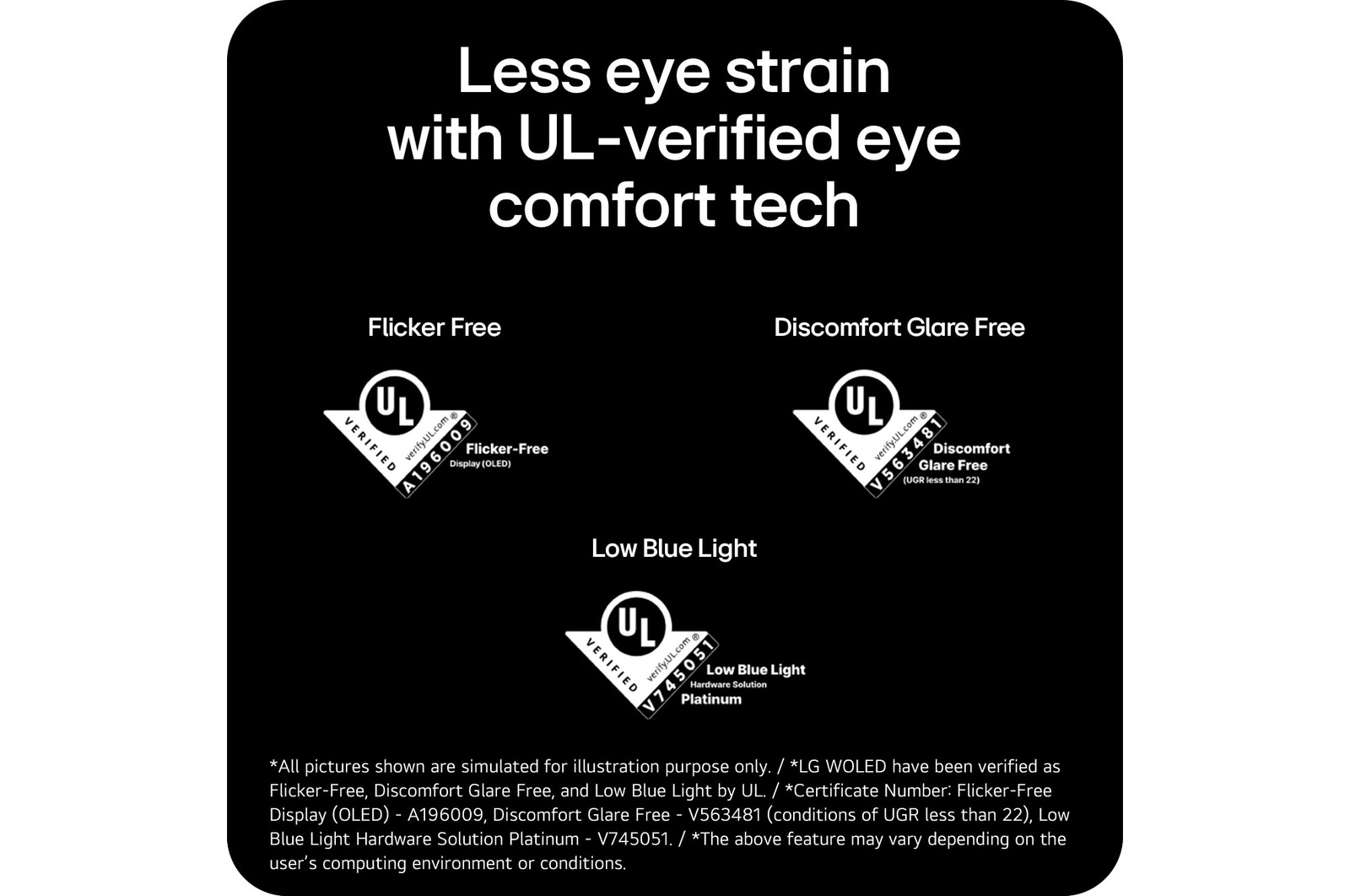 Less eye strain with UL-verified eye comfort features including flicker-free, low blue light, and glare reduction.
