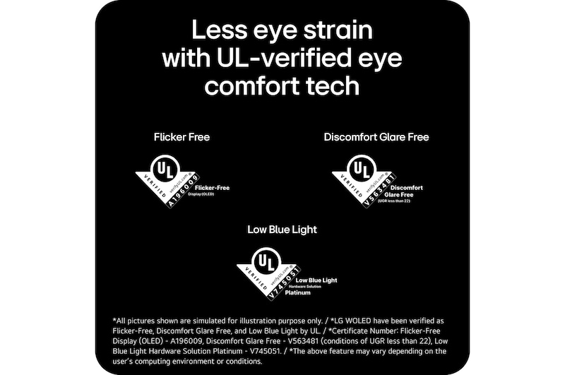 Less eye strain with UL-verified eye comfort features including flicker-free, low blue light, and glare reduction.