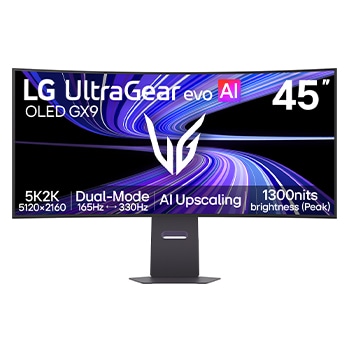 Front view of 45-inch UltraGear evo GX9, World’s First AI Upscaling 45" 5K2K OLED Gaming Monitor 45GX950B-B