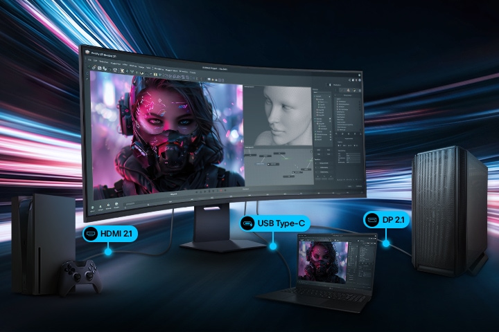 Ein Gaming-Monitor, der an einen PC, Laptop und eine Konsole angeschlossen ist. Illustriert werden die vielseitigen Anschlussmöglichkeiten, darunter DisplayPort 2.1, USB Typ C und HDMI 2.1 für leistungsstarkes Gaming und hohe Produktivität.