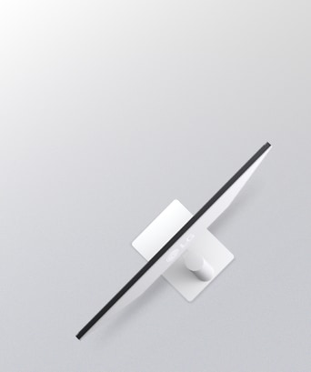 Side view of a white monitor illustrating tilt adjustment with overlapping outlines showing its ergonomic movement range.