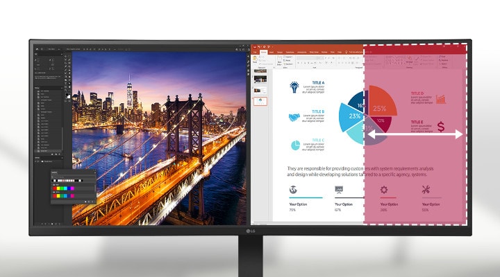 A 21:9 WQHD curved monitor displays Photoshop and PowerPoint, and its large screen allows multiple programs to be used simultaneously, increasing work efficiency.