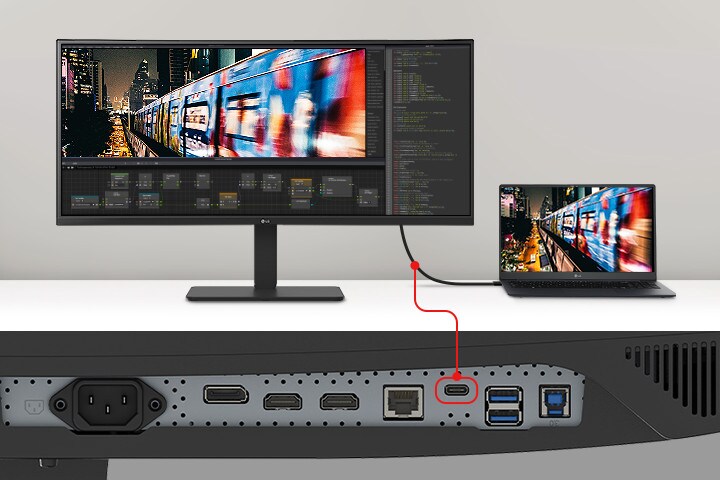 An image of a laptop and monitor connected with a single USB Type-C cable.