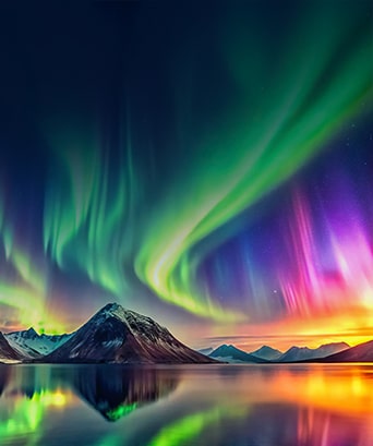 A vivid landscape of northern lights glowing over snow-covered mountains and their reflection in a calm lake, showcasing high dynamic range color and contrast.