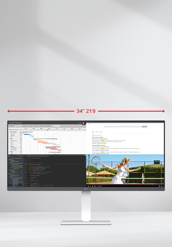 Ultra-wide 34-inch LG monitor illustrating the difference between 21:9 and 16:9 aspect ratios, with multiple applications displayed side by side for multitasking.