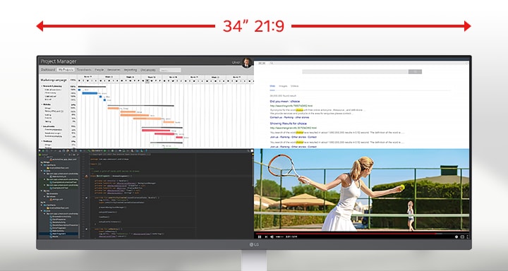 Ultra-wide LG monitor displaying multiple applications across a 34-inch 21:9 screen, with a highlighted comparison showing the additional horizontal space over a standard 27-inch 16:9 display.
