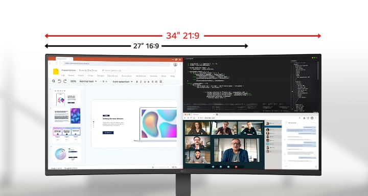 LG UltraWide Monitor displaying multiple applications across a 34-inch 21:9 screen, with a highlighted comparison showing the additional horizontal space over a standard 27-inch 16:9 display.