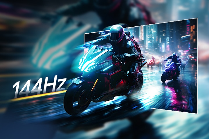Futuristic motorcyclists racing through a neon-lit city street, with motion blur in the background and a highlighted section showing sharp, clear visuals to demonstrate the smooth performance and clarity of a 144Hz refresh rate.