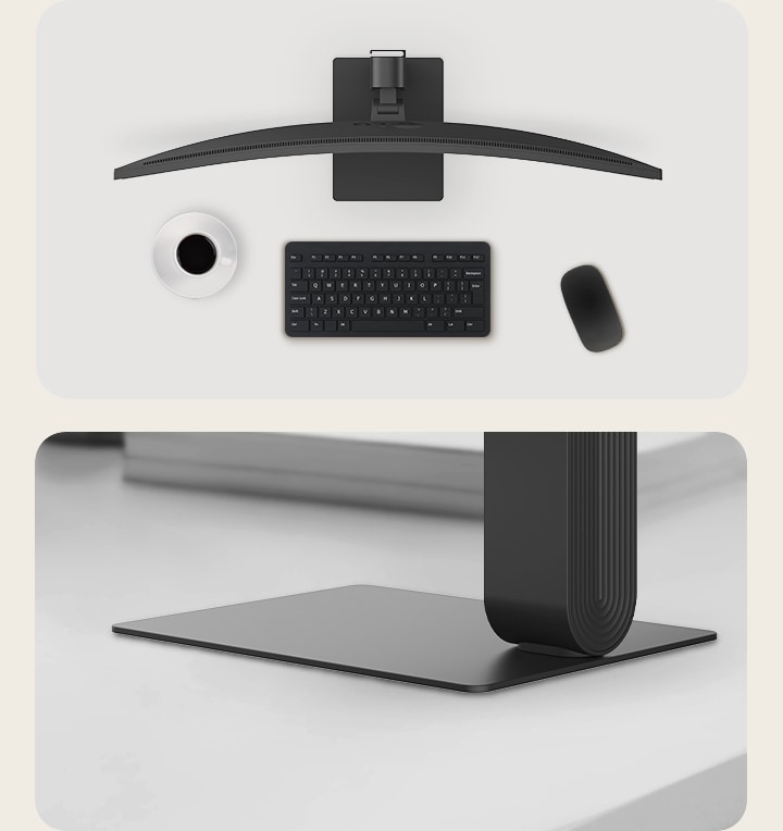 Top view of a LG UltraWide Curved Monitor on a desk with a coffee cup, wireless keyboard, and mouse, alongside a close-up of the slim, square-shaped monitor base designed for stability and a clutter-free workspace.