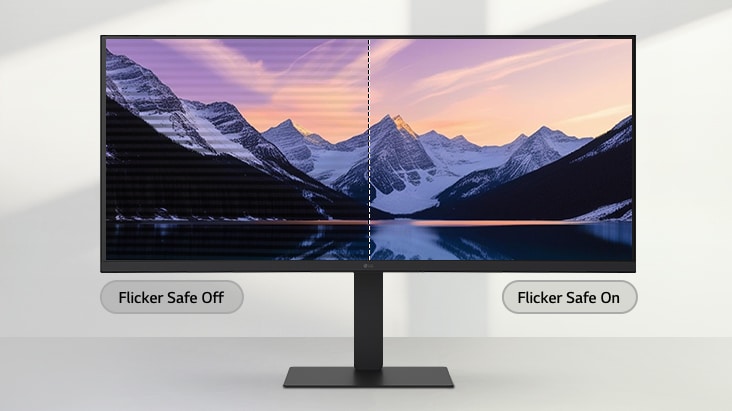 LG ultra-wide monitor displaying a split-screen comparison of a mountain landscape, with the left side showing screen flicker and the right side showing a clear, flicker-free image