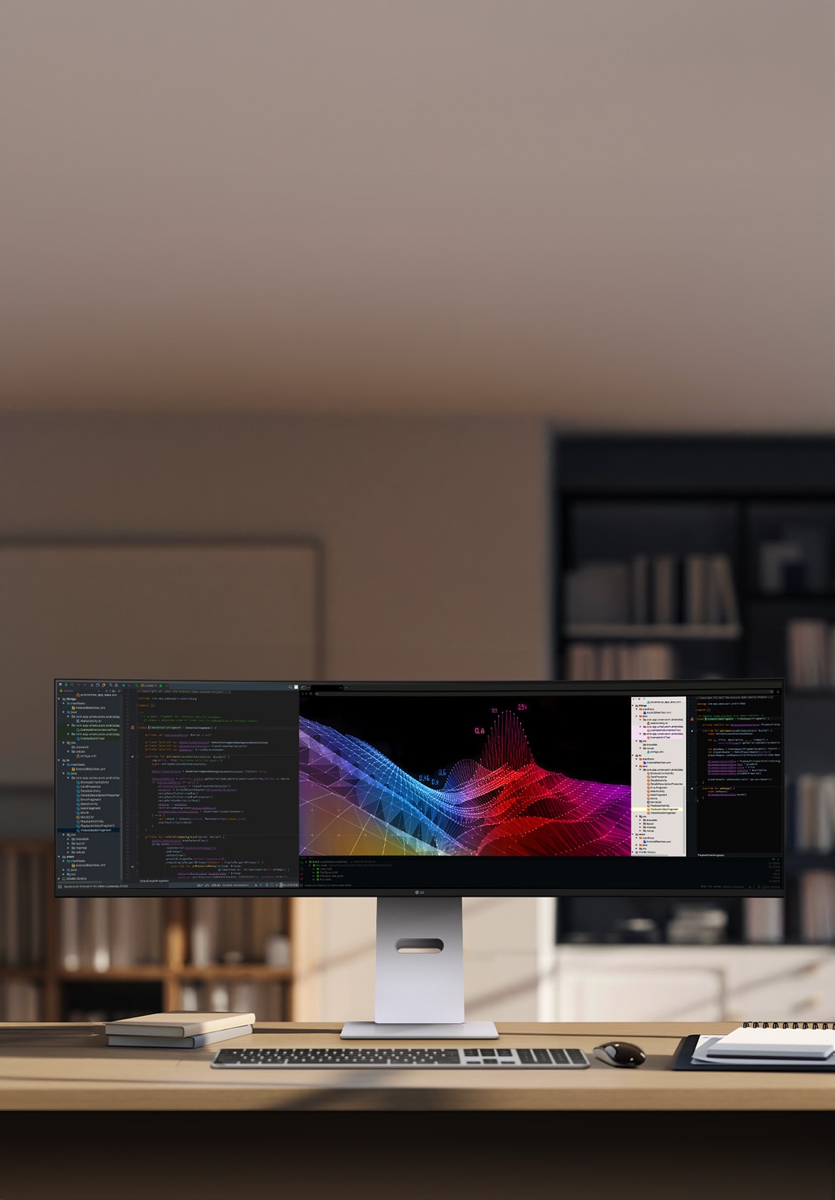 A modern home office setup featuring a large ultra-wide LG monitor displaying data dashboards and graphs, with a wireless keyboard and mouse on a wooden desk.