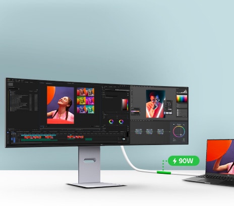 A USB Type-C cable connected between a laptop and an ultra-wide LG monitor displaying a video editing interface, with a close-up showing the USB-C port on the monitor.