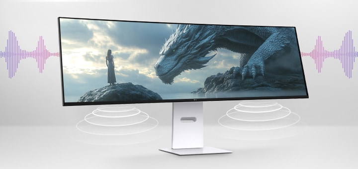 A looping video shows two scenes demonstrating the monitor’s built-in speakers: one with a cinematic dragon scene for immersive multimedia audio, and another with a video conference call interface, emphasizing clear voice communication without external speakers. Surrounding sound waves visually represent the stereo output.	