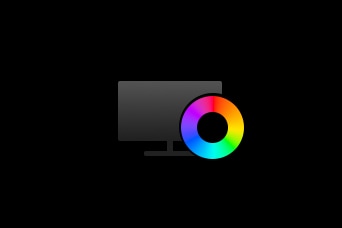 Icon of a computer monitor with a colorful circular palette overlay, representing display or color settings.	