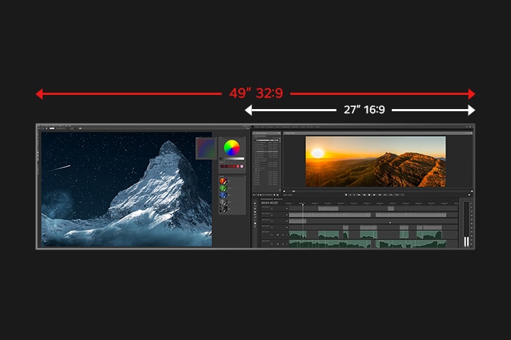 Comparison image showing a 49" 32:9 ultra-wide monitor versus a 34" 21:9 display, illustrating the extended horizontal workspace. The screen displays creative applications side-by-side.